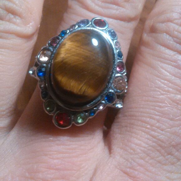 Tiger's Eye and Austrian Crystal Stainless Steel Ring (Size 9) - Picture 9 of 16